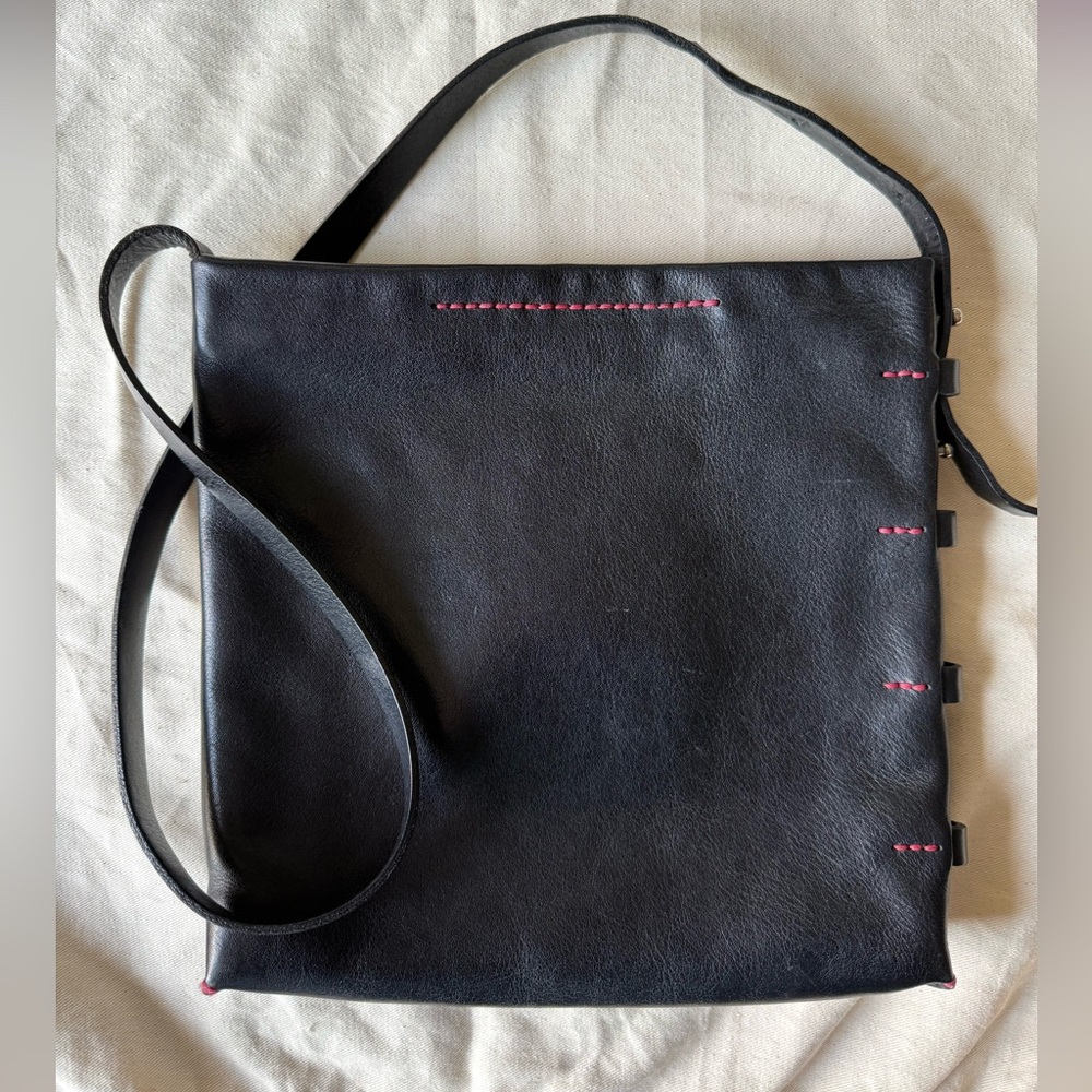 Johnny Farah Black Leather Shoulder Bag with Red Stitching